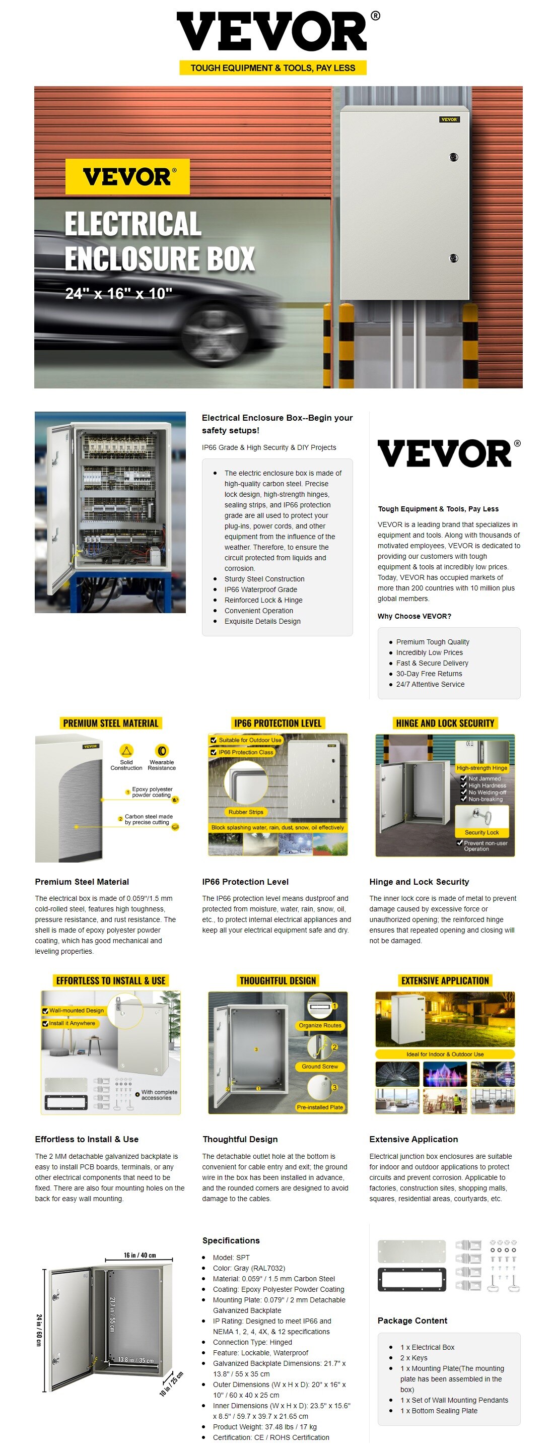 VEVOR Electrical Box 24 in. x 16 in. x 10 in. NEMA 4X Steel Enclosure